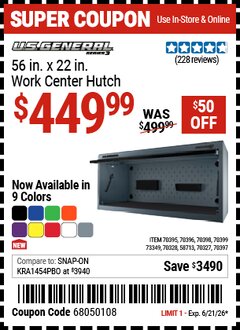Harbor Freight Coupon U.S. GENERAL 56 IN. X 22 IN. WORK CENTER HUTCH, SERIES 3 Lot No. 70397/58713/70395/70396/70398/70399/70328/70327 Valid Thru: 6/21/26 - $449.99