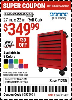 Harbor Freight Coupon U.S. GENERAL 27 IN. X 22 IN. ROLL CAB, SERIES 3 Lot No. 58721/70736/70737/70738/70739/70740/70741/70742 Expired: 8/16/26 - $349.99