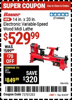 Harbor Freight Coupon BAUER 14 IN. X 20 IN. ELECTRONIC VARIABLE-SPEED WOOD MIDI LATHE Lot No. 59583 Expired: 8/4/24 - $529.99