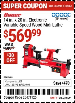 Harbor Freight Coupon BAUER 14 IN. X 20 IN. ELECTRONIC VARIABLE-SPEED WOOD MIDI LATHE Lot No. 59583 Expired: 2/16/26 - $569.99
