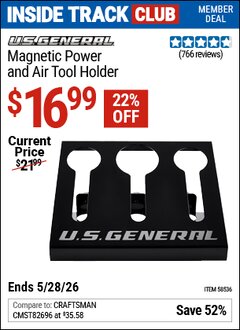 Harbor Freight ITC Coupon U.S. GENERAL MAGNETIC POWER AND AIR TOOL HOLDER Lot No. 58536 Valid Thru: 5/28/26 - $16.99