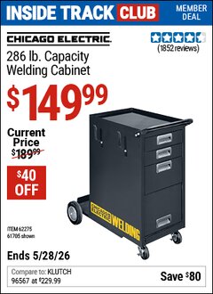 Harbor Freight ITC Coupon CHICAGO ELECTRIC 286 LB. CAPACITY WELDING CABINET Lot No. 62275 Valid Thru: 5/28/26 - $149.99