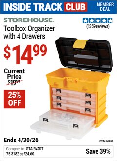 Harbor Freight Coupon STOREHOUSE TOOLBOX ORGANIZER WITH 4 DRAWERS Lot No. 68238 Valid: 12/31/69 - 4/30/26 - $14.99
