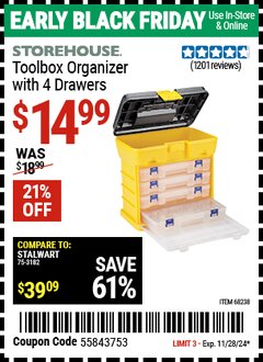 Harbor Freight Coupon STOREHOUSE TOOLBOX ORGANIZER WITH 4 DRAWERS Lot No. 68238 Expired: 11/28/24 - $14.99