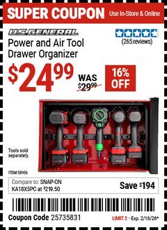 Harbor Freight Coupon U.S. GENERAL POWER AND AIR TOOL DRAWER ORGANIZER Lot No. 58956 Valid Thru: 2/16/26 - $24.99