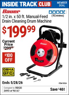 Harbor Freight ITC Coupon BAUER 1/2 IN. X 50 FT. MANUAL-FEED DRAIN CLEANING DRUM MACHINE Lot No. 59534 Expired: 5/28/26 - $199.99