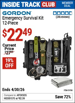 Harbor Freight ITC Coupon GORDON EMERGENCY SURVIVAL KIT, 12-PIECE Lot No. 59708 Dates Valid: 12/31/69 - 4/30/26 - $22.49
