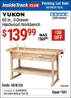 Harbor Freight ITC Coupon YUKON 60 IN., 3-DRAWER HARDWOOD WORKBENCH Lot No. 58832 Expired: 10/8/26 - $139.99