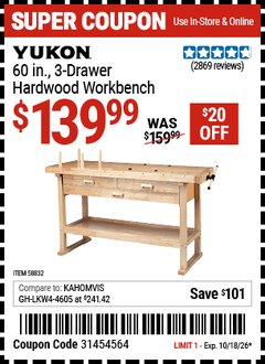 Harbor Freight Coupon YUKON 60 IN., 3-DRAWER HARDWOOD WORKBENCH Lot No. 58832 Expired: 10/18/26 - $139.99