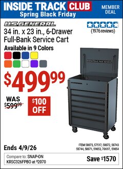 Harbor Freight ITC Coupon U.S. GENERAL 34 IN. X 23 IN., 6-DRAWER FULL-BANK SERVICE CART Lot No. 57517/58071/58072/58073/58743/58744/59853/59854/70697 Expired: 4/9/26 - $499.99