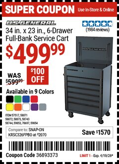 Harbor Freight Coupon U.S. GENERAL 34 IN. X 23 IN., 6-DRAWER FULL-BANK SERVICE CART Lot No. 57517/58071/58072/58073/58743/58744/59853/59854/70697 Valid Thru: 4/19/26 - $499.99