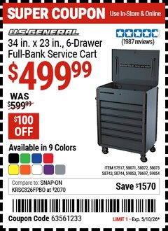 Harbor Freight Coupon U.S. GENERAL 34 IN. X 23 IN., 6-DRAWER FULL-BANK SERVICE CART Lot No. 57517/58071/58072/58073/58743/58744/59853/59854/70697 Valid Thru: 5/10/26 - $499.99