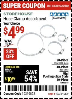 Harbor Freight Coupon STOREHOUSE HOSE CLAMP ASSORTMENT YOUR CHOICE 20/40/40 Lot No. 63280/62363/58150 Expired: 8/15/24 - $4.99