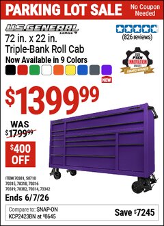 Harbor Freight Coupon U.S. GENERAL 72 IN. X 22 IN. TRIPLE-BANK ROLL CAB, SERIES 3 Lot No. 58710/70314/70315/70316/70318/70319/70381/70382/73342 Valid Thru: 6/7/26 - $1399.99