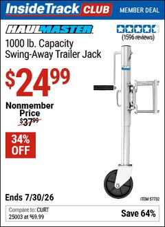 Harbor Freight ITC Coupon HAUL-MASTER 1000 LB. CAPACITY SWING-AWAY TRAILER JACK Lot No. 57732 Dates Valid: 12/31/69 - 7/30/26 - $24.99