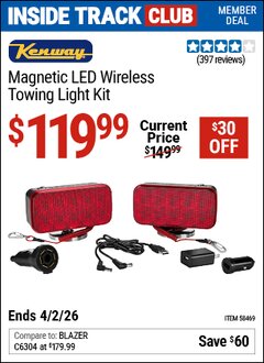 Harbor Freight Coupon KENWAY MAGNETIC LED WIRELESS TOWING LIGHT KIT Lot No. 58469 Valid: 12/31/69 - 4/2/26 - $119.99