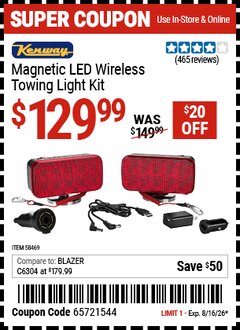 Harbor Freight Coupon KENWAY MAGNETIC LED WIRELESS TOWING LIGHT KIT Lot No. 58469 Expired: 8/16/26 - $129.99