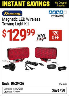 Harbor Freight Coupon KENWAY MAGNETIC LED WIRELESS TOWING LIGHT KIT Lot No. 58469 EXPIRES: 10/29/26 - $129.99