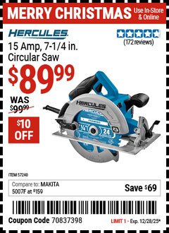 Harbor Freight Coupon HERCULES 15 AMP, 7-1/4 IN. CIRCULAR SAW Lot No. 57240 Expired: 12/28/25 - $89.99