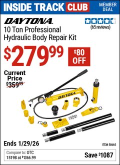 Harbor Freight ITC Coupon DAYTONA 10 TON PROFESSIONAL HYDRAULIC BODY REPAIR KIT Lot No. 58665 Dates Valid: 12/31/69 - 1/29/26 - $279.99