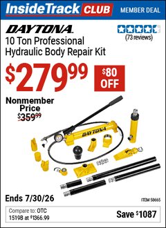 Harbor Freight ITC Coupon DAYTONA 10 TON PROFESSIONAL HYDRAULIC BODY REPAIR KIT Lot No. 58665 Dates Valid: 12/31/69 - 7/30/26 - $279.99