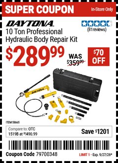 Harbor Freight Coupon DAYTONA 10 TON PROFESSIONAL HYDRAULIC BODY REPAIR KIT Lot No. 58665 Expired: 9/27/26 - $289.99