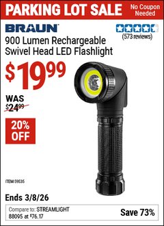 Harbor Freight Coupon BRAUN 900 LUMEN RECHARGEABLE SWIVEL HEAD LED FLASHLIGHT Lot No. 59535 Expired: 3/8/26 - $19.99