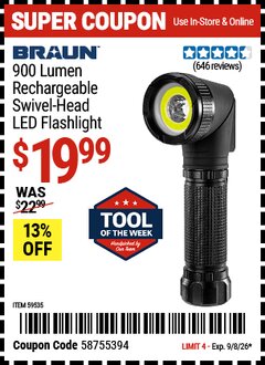 Harbor Freight Coupon BRAUN 900 LUMEN RECHARGEABLE SWIVEL HEAD LED FLASHLIGHT Lot No. 59535 Valid Thru: 9/8/26 - $19.99