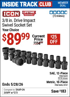 Harbor Freight ITC Coupon ICON 3/8 IN. SAE IMPACT SWIVEL SOCKET SET, 12-PIECE Lot No. 59745/56695 Expired: 5/28/26 - $89.99