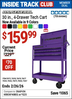 Harbor Freight ITC Coupon U.S. GENERAL 30 IN., 4-DRAWER TECH CART Lot No. 70678/70360/59572/70358/70677/70679/70365/70362/73367 Dates Valid: 12/31/69 - 2/26/26 - $159.99