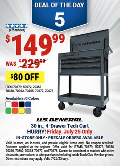 Harbor Freight Coupon U.S. GENERAL 30 IN., 4-DRAWER TECH CART Lot No. 70678/70360/59572/70358/70677/70679/70365/70362/73367 Expired: 7/25/25 - $149.99