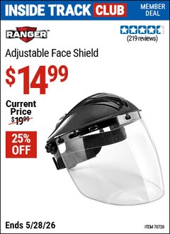 Harbor Freight ITC Coupon RANGER ADJUSTABLE FACE SHIELD Lot No. 70720 Expired: 5/28/26 - $14.99