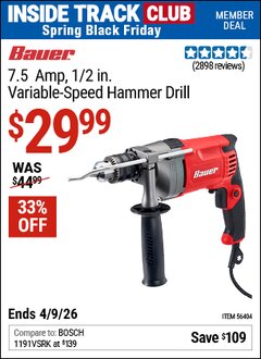 Harbor Freight ITC Coupon BAUER 7.5 AMP, 1/2 IN. VARIABLE-SPEED HAMMER DRILL Lot No. 56404/56686 Expired: 4/9/26 - $29.99