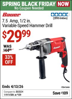 Harbor Freight Coupon BAUER 7.5 AMP, 1/2 IN. VARIABLE-SPEED HAMMER DRILL Lot No. 56404/56686 Expired: 4/12/26 - $29.99