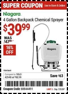 Harbor Freight Coupon NIAGARA 4 GALLON BACKPACK CHEMICAL SPRAYER Lot No. 56645 Valid Thru: 7/5/26 - $39.99