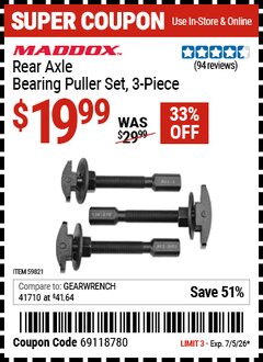 Harbor Freight Coupon MADDOX REAR AXLE BEARING PULLER SET, 3-PIECE Lot No. 59821 Expired: 7/5/26 - $19.99