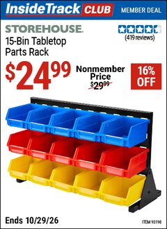 Harbor Freight ITC Coupon STOREHOUSE 15-BIN TABLETOP PARTS RACK Lot No. 93198 Dates Valid: 12/31/69 - 10/29/26 - $24.99