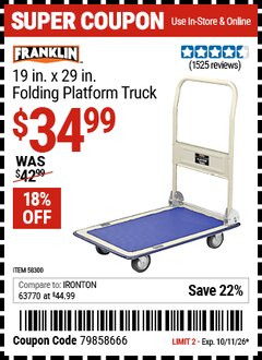 Harbor Freight Coupon FRANKLIN 19 IN. X 29 IN. FOLDING PLATFORM TRUCK Lot No. 58300 Valid Thru: 10/11/26 - $34.99