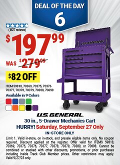 Harbor Freight Coupon U.S. GENERAL 30 IN., 5-DRAWER MECHANICS CART Lot No. 59818/70369/70375/70376/70377/70378/70379/70380/70698 Expired: 9/27/25 - $197.99
