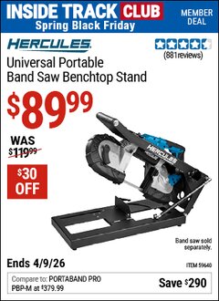 Harbor Freight ITC Coupon HERCULES UNIVERSAL PORTABLE BAND SAW BENCHTOP STAND Lot No. 59640 Expired: 4/9/26 - $89.99