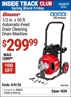 Harbor Freight ITC Coupon BAUER 1/2 IN. X 50 FT. AUTOMATIC-FEED DRAIN CLEANING DRUM MACHINE Lot No. 59533 Expired: 4/9/26 - $299.99