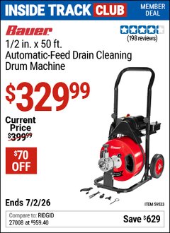 Harbor Freight Coupon BAUER 1/2 IN. X 50 FT. AUTOMATIC-FEED DRAIN CLEANING DRUM MACHINE Lot No. 59533 Valid: 12/31/69 - 7/2/26 - $329.99