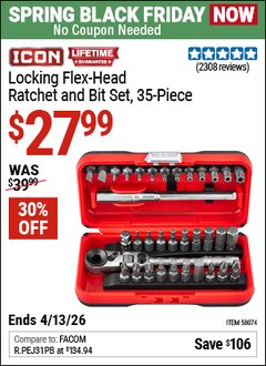 Harbor Freight Coupon ICON LOCKING FLEX-HEAD RATCHET AND BIT SET, 35-PIECE Lot No. 58074 Expired: 4/12/26 - $27.99