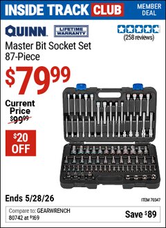 Harbor Freight ITC Coupon QUINN MASTER BIT SOCKET SET, 87-PIECE Lot No. 70347 Valid Thru: 5/28/26 - $79.99