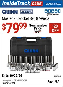 Harbor Freight ITC Coupon QUINN MASTER BIT SOCKET SET, 87-PIECE Lot No. 70347 Dates Valid: 12/31/69 - 10/29/26 - $79.99