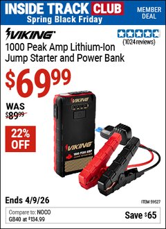 Harbor Freight ITC Coupon VIKING 1000 PEAK AMP LITHIUM-ION JUMP STARTER AND POWER BANK Lot No. 59527 Expired: 4/9/26 - $69.99