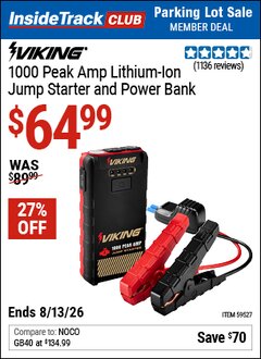 Harbor Freight ITC Coupon VIKING 1000 PEAK AMP LITHIUM-ION JUMP STARTER AND POWER BANK Lot No. 59527 Expired: 8/13/26 - $64.99