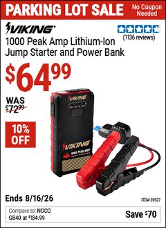 Harbor Freight Coupon VIKING 1000 PEAK AMP LITHIUM-ION JUMP STARTER AND POWER BANK Lot No. 59527 Expired: 8/16/26 - $64.99
