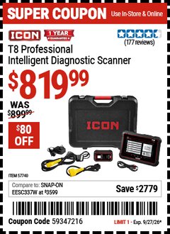 Harbor Freight Coupon ICON T8 PROFESSIONAL INTELLIGENT DIAGNOSTIC SCANNER Lot No. 57740 Expired: 9/27/26 - $819.99