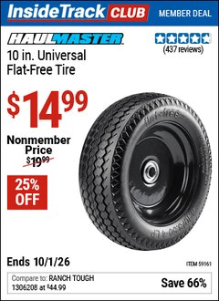 Harbor Freight Coupon HAUL-MASTER 10 IN. UNIVERSAL FLAT-FREE TIRE Lot No. 59161 Valid: 12/31/69 - 10/1/26 - $14.99